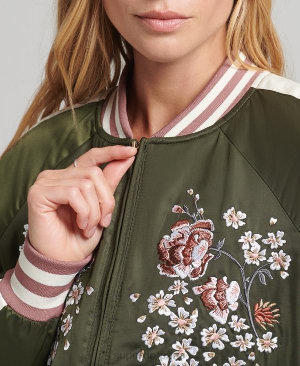 Superdry femmes veste bomber brodée sukajan D64Z5660 vêtements vert