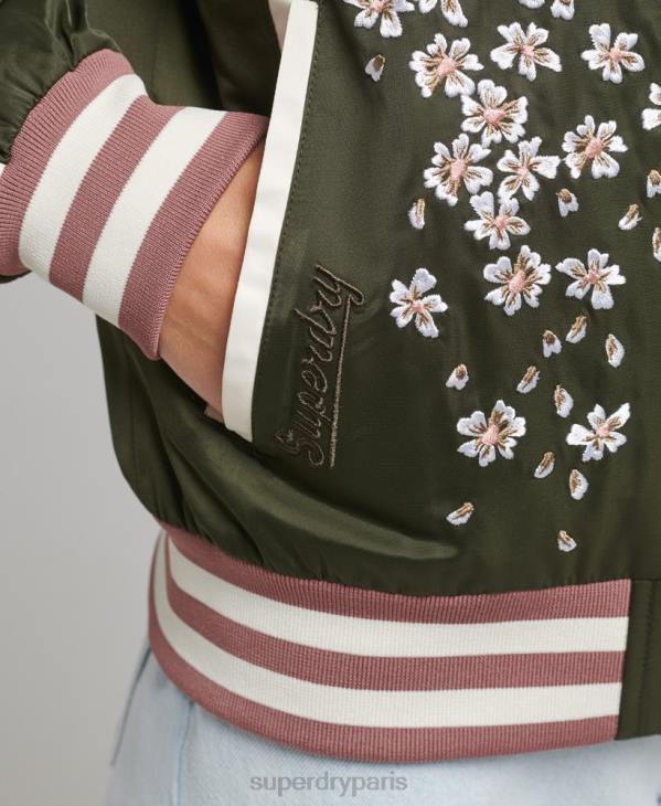 Superdry femmes veste bomber brodée sukajan D64Z5660 vêtements vert
