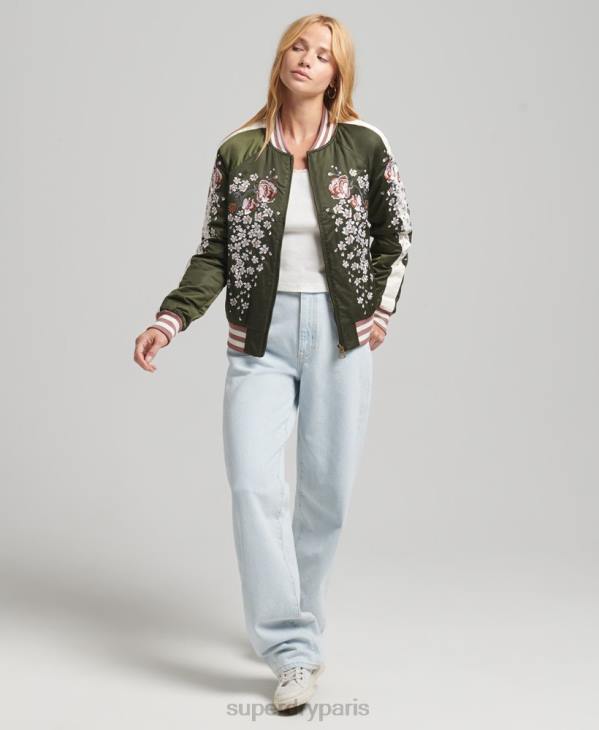 Superdry femmes veste bomber brodée sukajan D64Z5660 vêtements vert