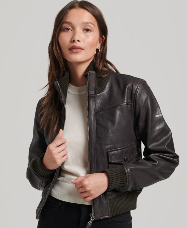 Superdry femmes veste bomber en cuir à col en maille D64Z3546 vêtements brun