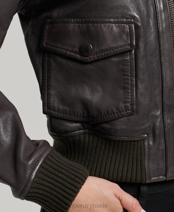 Superdry femmes veste bomber en cuir à col en maille D64Z3546 vêtements brun