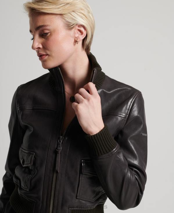 Superdry femmes veste bomber en cuir à col en maille D64Z3672 vêtements brun
