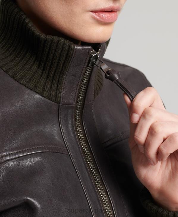 Superdry femmes veste bomber en cuir à col en maille D64Z3672 vêtements brun