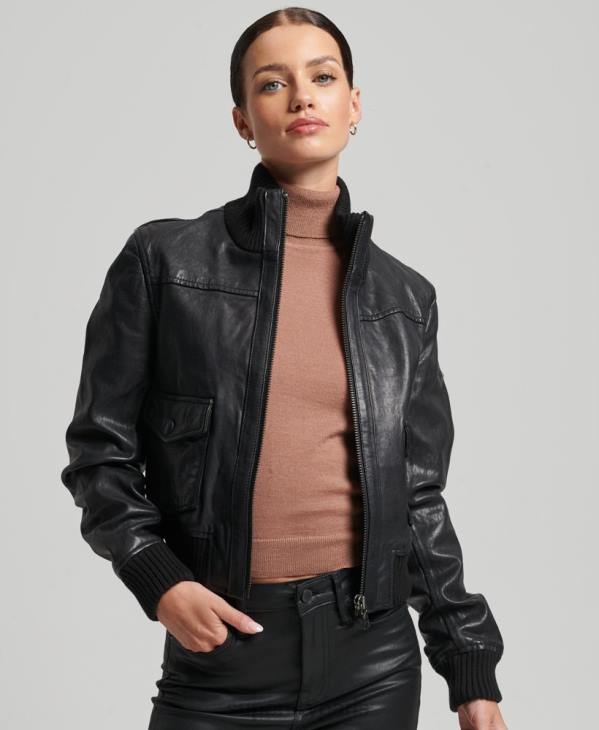 Superdry femmes veste bomber en cuir à col en maille D64Z3718 vêtements noir