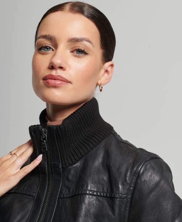 Superdry femmes veste bomber en cuir à col en maille D64Z3718 vêtements noir