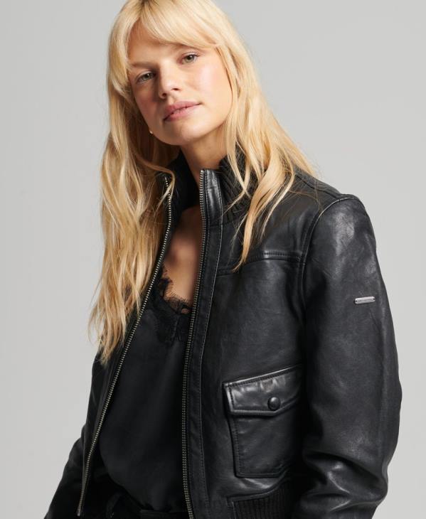 Superdry femmes veste bomber en cuir à col en maille D64Z3719 vêtements noir