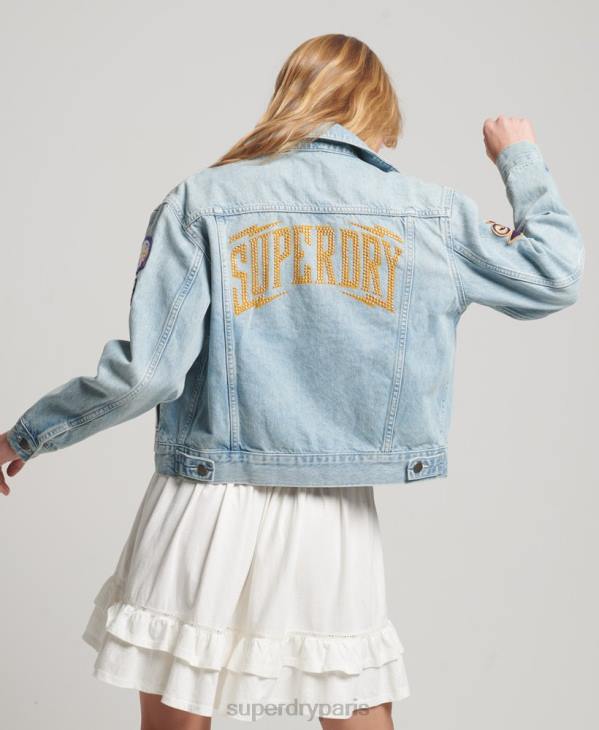 Superdry femmes veste camionneur vintage à patchs D64Z2019 vêtements bleu clair