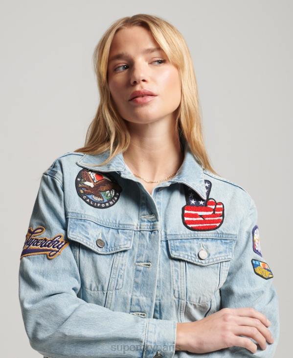 Superdry femmes veste camionneur vintage à patchs D64Z2019 vêtements bleu clair