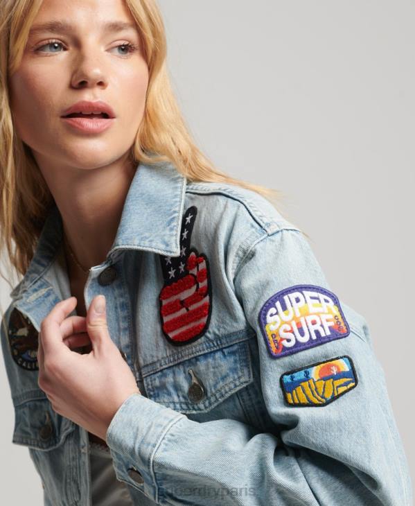 Superdry femmes veste camionneur vintage à patchs D64Z2019 vêtements bleu clair