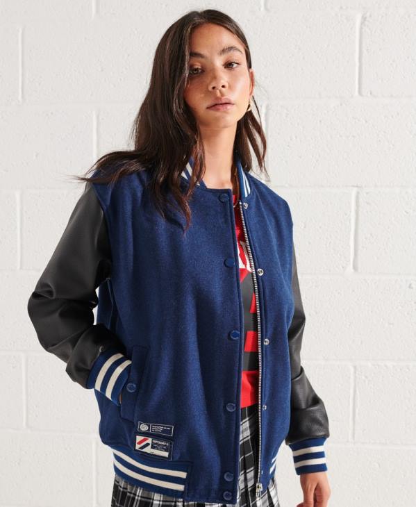 Superdry femmes veste de baseball universitaire en laine D64Z5478 vêtements bleu