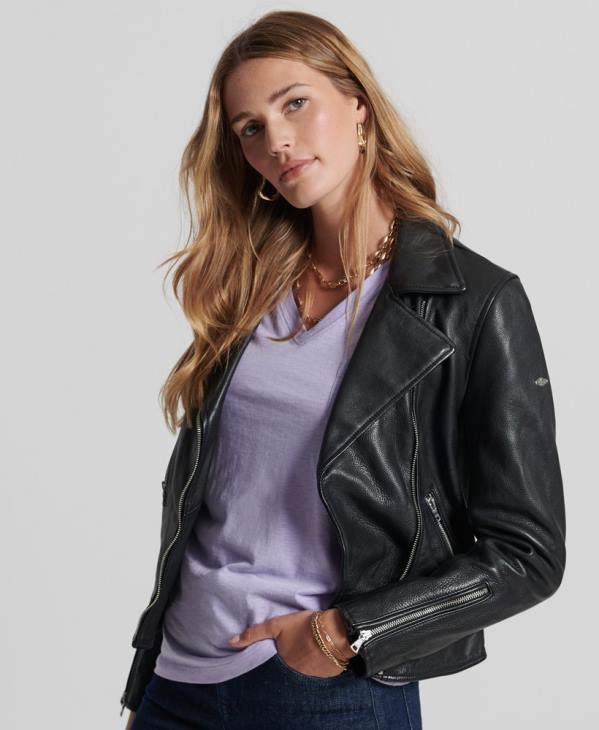 Superdry femmes veste de motard en cuir D64Z3844 vêtements noir