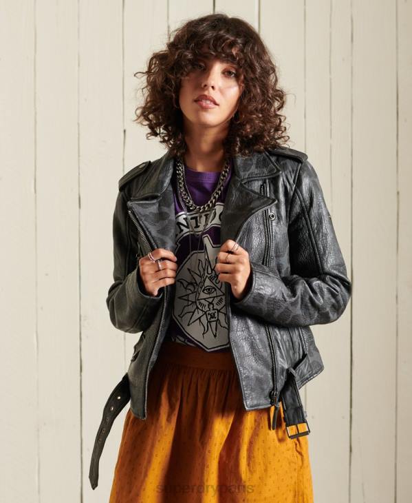Superdry femmes veste de motard raccourcie en cuir rocker D64Z5697 vêtements noir