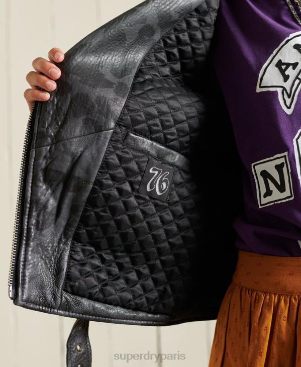 Superdry femmes veste de motard raccourcie en cuir rocker D64Z5697 vêtements noir