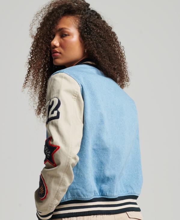 Superdry femmes veste en jean universitaire vintage D64Z3514 vêtements bleu clair