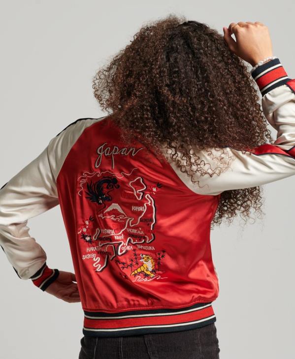 Superdry femmes veste sukajan brodée vintage D64Z3517 vêtements rouge