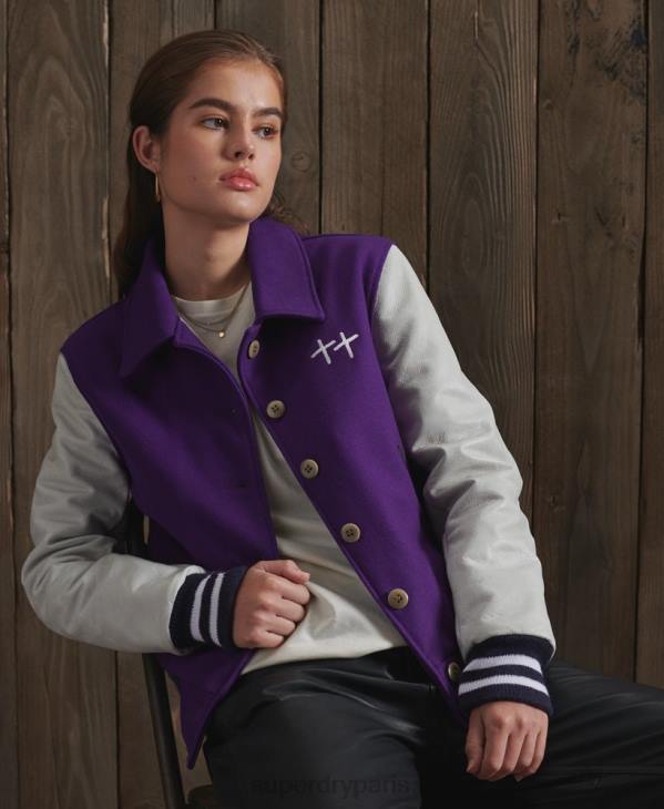 Superdry femmes veste universitaire en cuir sec édition limitée D64Z5664 vêtements violet