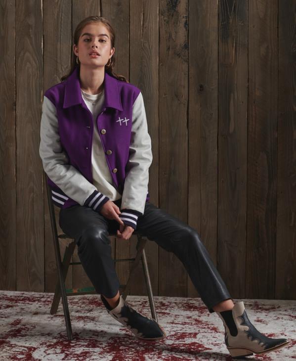 Superdry femmes veste universitaire en cuir sec édition limitée D64Z5664 vêtements violet
