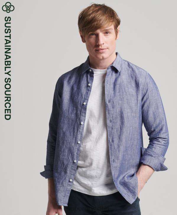 Superdry Hommes chemise à manches longues en coton et lin bio D64Z6398 vêtements bleu foncé