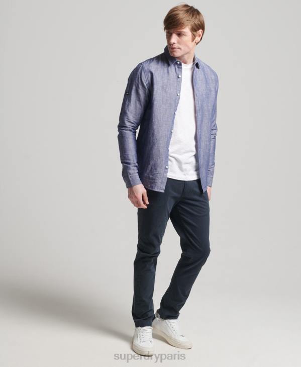 Superdry Hommes chemise à manches longues en coton et lin bio D64Z6398 vêtements bleu foncé