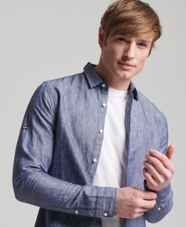 Superdry Hommes chemise à manches longues en coton et lin bio D64Z6398 vêtements bleu foncé