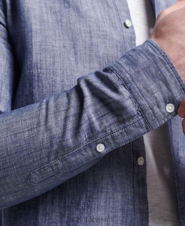 Superdry Hommes chemise à manches longues en coton et lin bio D64Z6398 vêtements bleu foncé