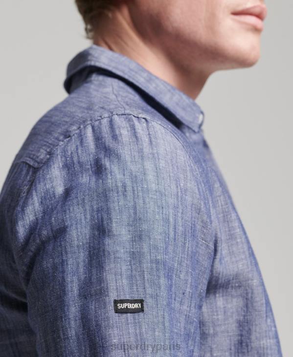 Superdry Hommes chemise à manches longues en coton et lin bio D64Z6398 vêtements bleu foncé