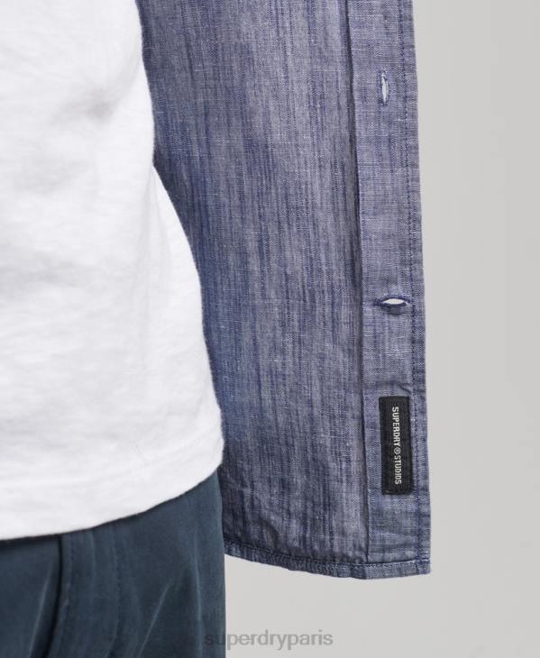 Superdry Hommes chemise à manches longues en coton et lin bio D64Z6398 vêtements bleu foncé