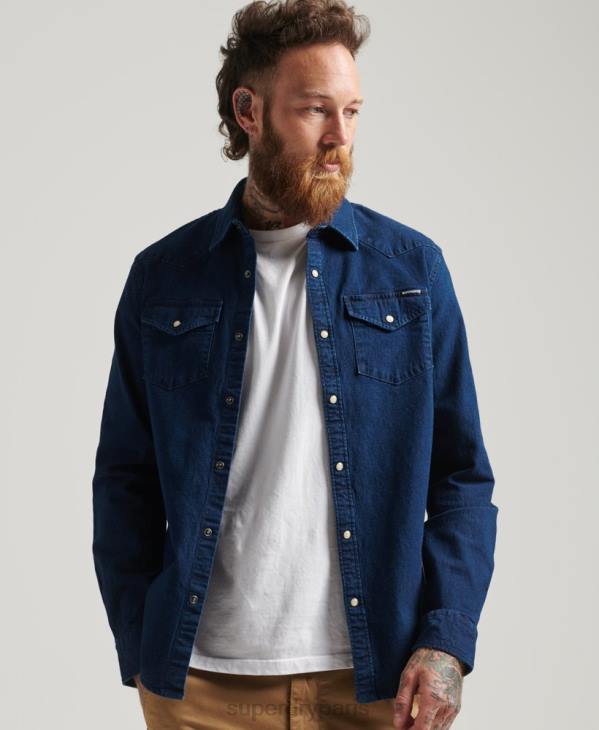 Superdry Hommes chemises occidentales D64Z156 vêtements bleu foncé