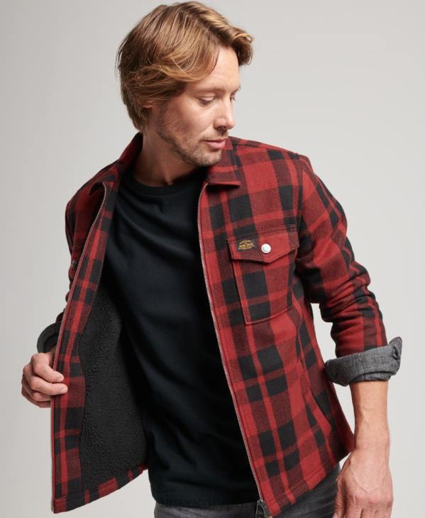 Superdry Hommes surchemise à carreaux en laine à doublure borg et fermeture éclair D64Z153 vêtements rouge