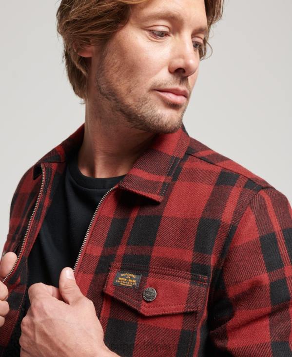 Superdry Hommes surchemise à carreaux en laine à doublure borg et fermeture éclair D64Z153 vêtements rouge