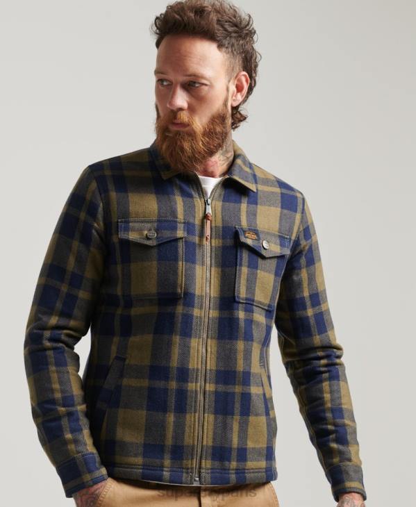 Superdry Hommes surchemise à carreaux en laine à doublure borg et fermeture éclair D64Z186 vêtements vert