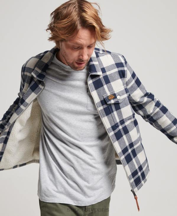 Superdry Hommes surchemise à carreaux en laine à doublure borg et fermeture éclair D64Z236 vêtements bleu clair