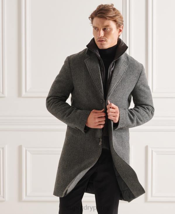 Superdry Hommes manteau de ville matelassé en laine studios D64Z1167 vêtements gris foncé