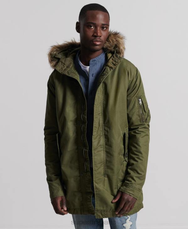Superdry Hommes parka service bordée de fausse fourrure D64Z4493 vêtements kaki