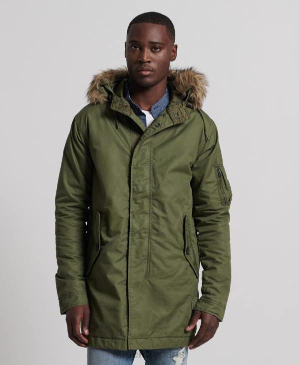Superdry Hommes parka service bordée de fausse fourrure D64Z4493 vêtements kaki