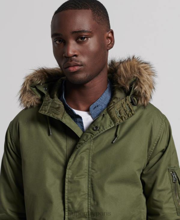 Superdry Hommes parka service bordée de fausse fourrure D64Z4493 vêtements kaki