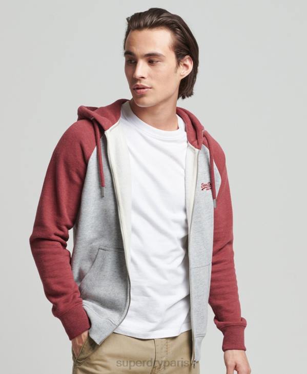 Superdry Hommes sweat à capuche baseball zippé en coton biologique avec logo vintage D64Z674 vêtements gris clair
