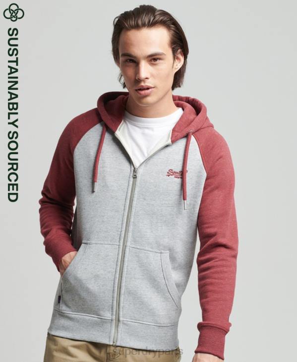 Superdry Hommes sweat à capuche baseball zippé en coton biologique avec logo vintage D64Z674 vêtements gris clair