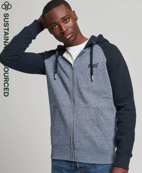 Superdry Hommes sweat à capuche baseball zippé en coton biologique avec logo vintage D64Z709 vêtements bleu
