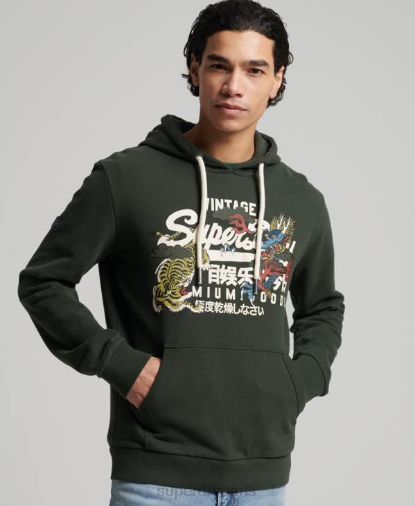 Superdry Hommes sweat à capuche narratif non brossé à logo vintage D64Z884 vêtements vert