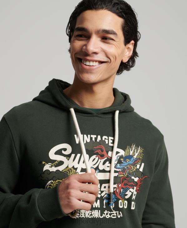 Superdry Hommes sweat à capuche narratif non brossé à logo vintage D64Z884 vêtements vert