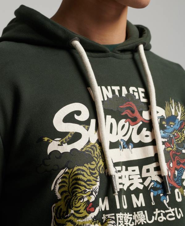 Superdry Hommes sweat à capuche narratif non brossé à logo vintage D64Z884 vêtements vert