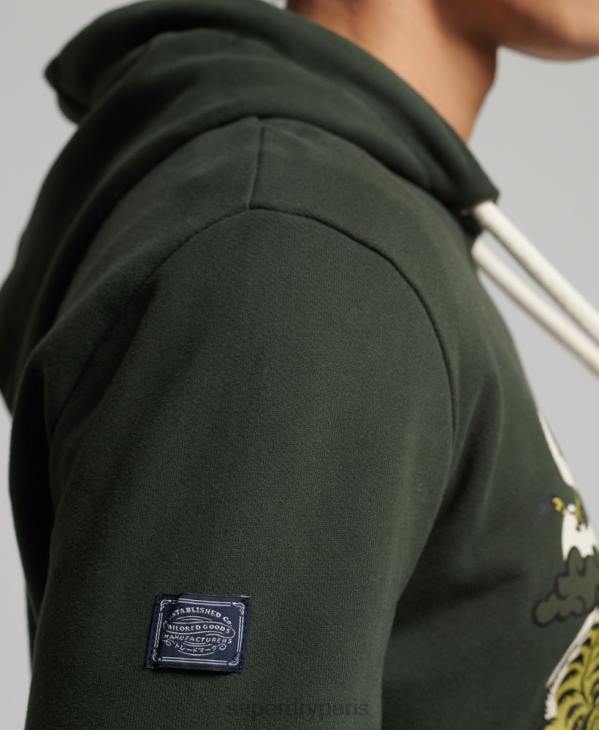Superdry Hommes sweat à capuche narratif non brossé à logo vintage D64Z884 vêtements vert