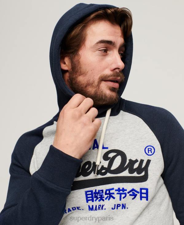 Superdry Hommes sweat à capuche raglan à logo vintage en coton biologique D64Z479 vêtements marine