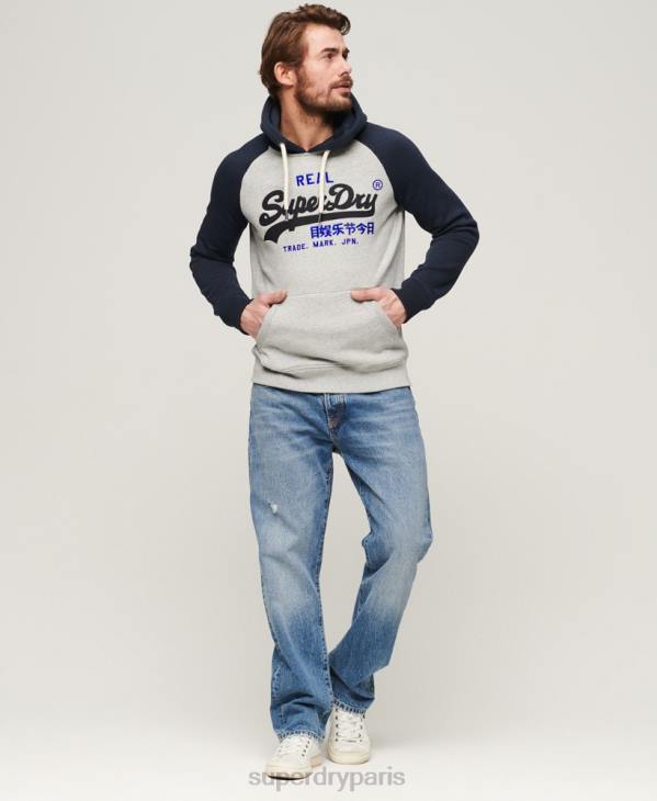 Superdry Hommes sweat à capuche raglan à logo vintage en coton biologique D64Z479 vêtements marine