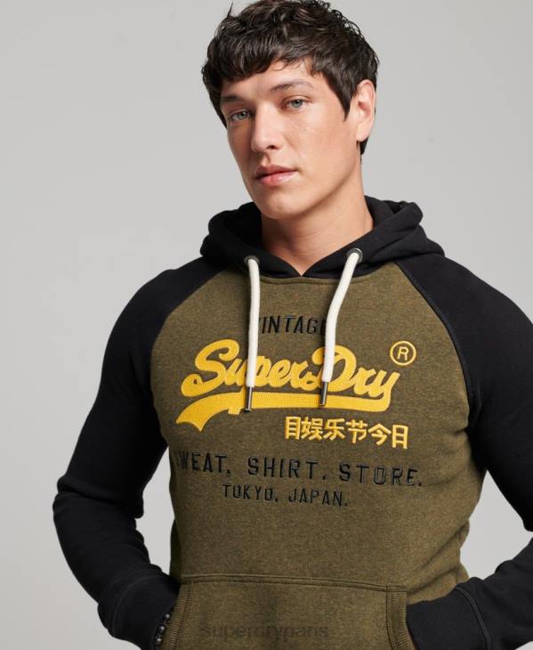Superdry Hommes sweat à capuche raglan à logo vintage en coton biologique D64Z509 vêtements noir