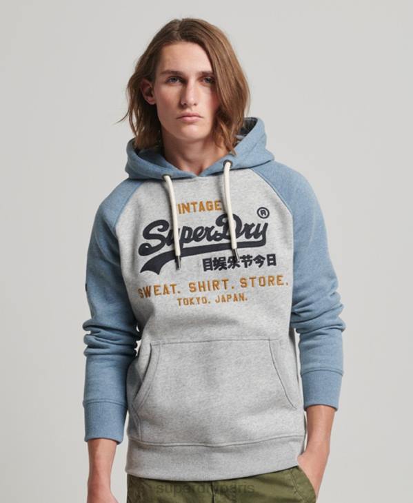 Superdry Hommes sweat à capuche raglan à logo vintage en coton biologique D64Z812 vêtements gris