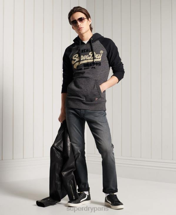 Superdry Hommes sweat à capuche raglan loopback avec logo vintage D64Z873 vêtements gris foncé
