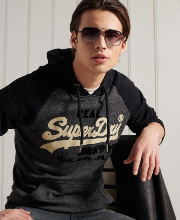Superdry Hommes sweat à capuche raglan loopback avec logo vintage D64Z873 vêtements gris foncé