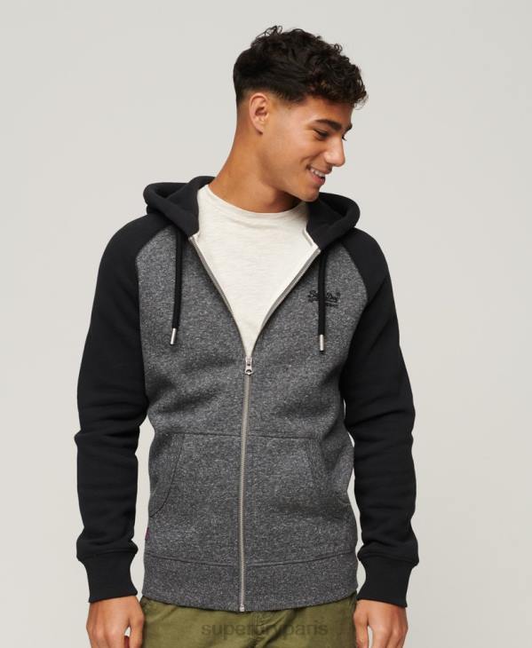 Superdry Hommes sweat à capuche zippé baseball logo essentiel en coton bio D64Z671 vêtements gris foncé